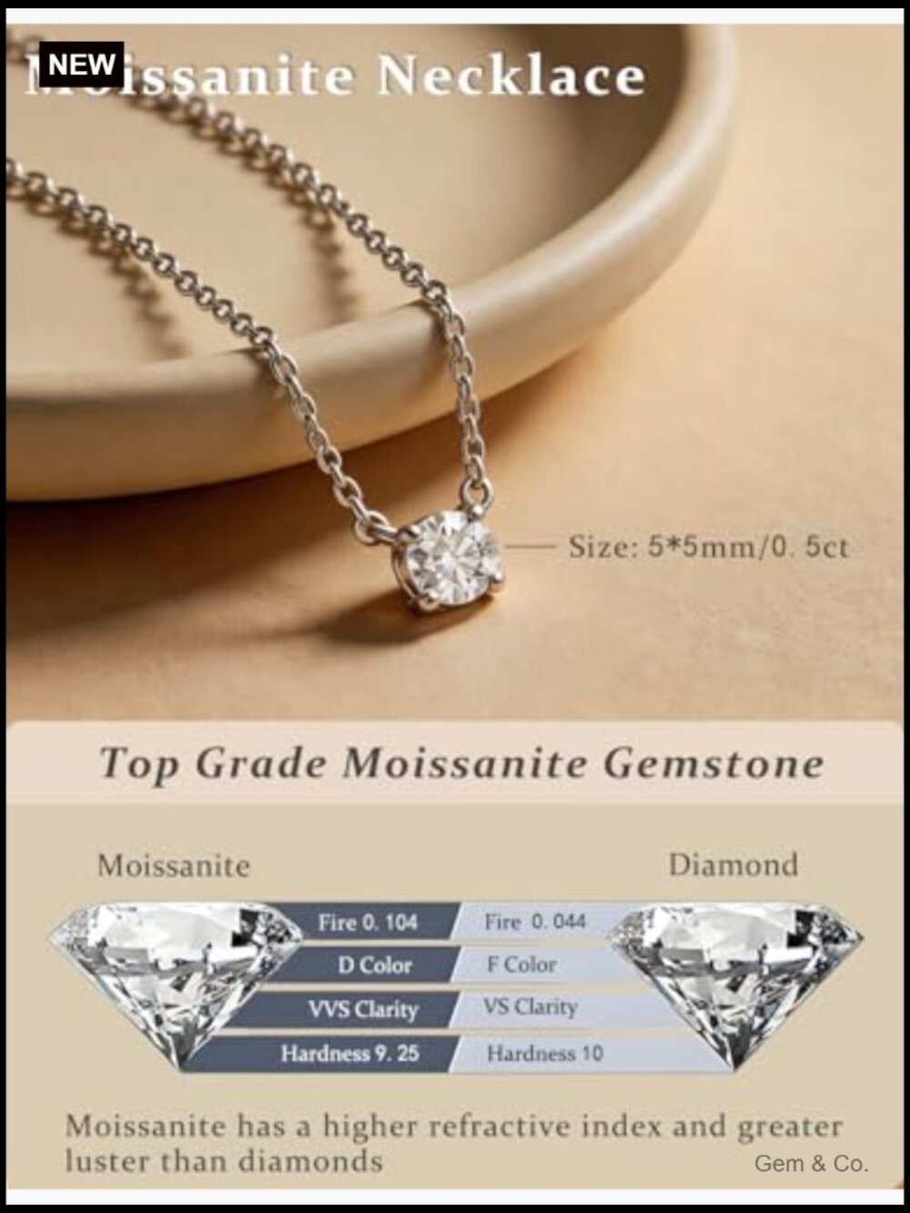 D Color VVS1 Round Cut Moissanite Pendant Necklace 18K Gold Plated Stackable - Picture 4 of 6